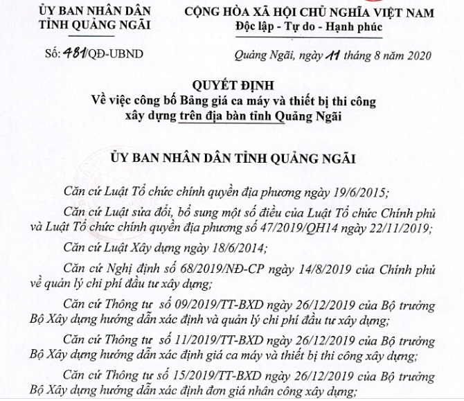 Công bố Bảng giá ca máy và thiết bị thi công xây dựng trên địa bàn tỉnh Quảng Ngãi